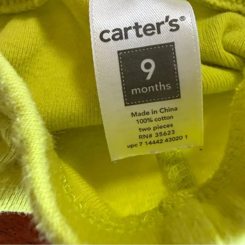 Carter’s 3 Piece Set Colorful Floral Tops and Neon Green / Yellow Pants Sz 9 mos